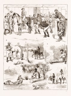 SCENES OF AUSTRALIAN LIFE, 1876: 1. Horse Sale, Rockhampton, Queensland. 2. Hobbling a Horse: