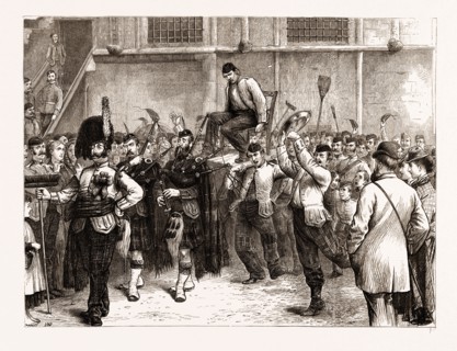 A HIGHLAND SOLDIER'S WEDDING AT STIRLING CASTLE: CHAIRING THE BRIDEGROOM, UK, 1876
