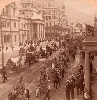 South African Light Horse coming down Adderly Street, to entrain for the front, Cape Town, South