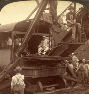 President Roosevelt running an American steam-shovel at Culebra Cut, Panama Canal in Panama that