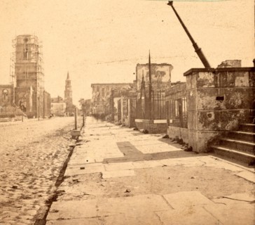 Meeting St., Charleston, S.C., looking South, showing the ruins of Circular church and the Mills
