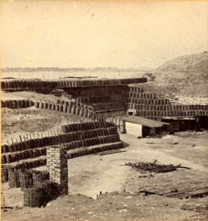 Interior of Fort Sumpter (i.e. Sumter), James Island in the distance. Fort Sumter is a Third System