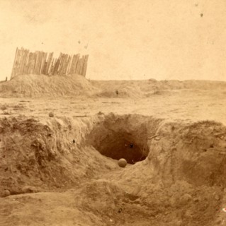 Fortifications and bomb-proofs, in front of Petersburgh (i.e. Petersburg), Va, US, USA, America,