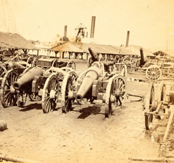 Captured siege guns, at Rocketts, Richmond, Va., US, USA, America, Vintage photography