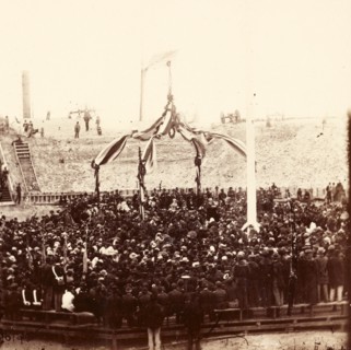 Raising the old flag over Fort Sumter, US, USA, America, Vintage photography