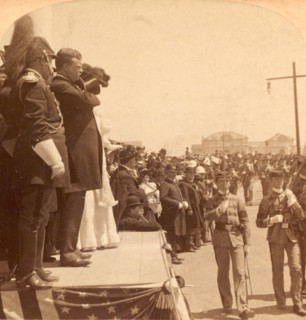 The military parade passing in review before President Roosevelt, Exposition Auditorium,