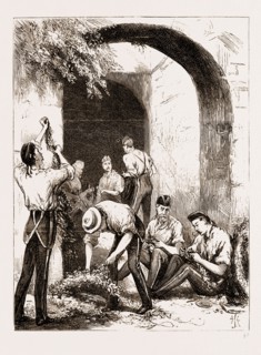 THE PRINCE OF WALES AT GIBRALTAR, 1876: SOLDIERS VAKING DECORATIONS IN THE OLD SALLY-PORT OF THE