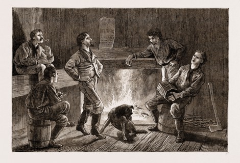 EVENING IN A LOGGER'S HUT: "GIVING THE BOYS A STEP", CALIFORNIA, US, U.S., U.S.A., UNITED STATES,