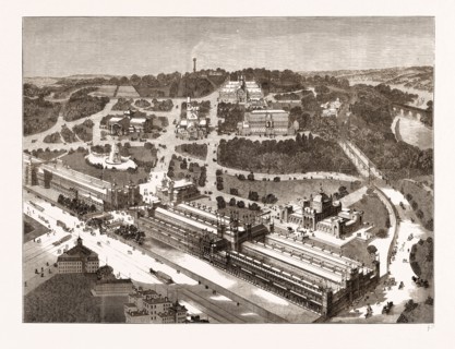 BIRD'S-EYE VIEW OF THE AMERICAN CENTENNIAL EXHIBITION AND GROUNDS, US, U.S., USA, U.S.A., UNITED