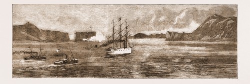 THE GOLDEN GATE, SAN FRANCISCO: H.M.S. "COMUS" LEAVING THE HARBOUR ACCOMPANIED BY GENERAL McDOWELL: