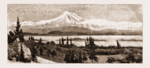 MOUNT BAKER AND SAN JUAN ISLAND AS SEEN THROUGH A FIELD GLASS FROM GOVERNMENT HOUSE, VICTORIA,