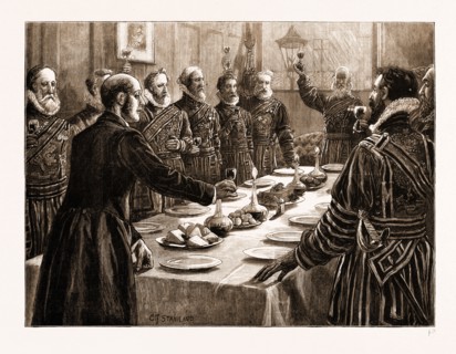 THE OPENING OF PARLIAMENT, UK, 1883: YEOMEN OF HER MAJESTY'S BODY-GUARD DRINKING THE QUEEN'S HEALTH