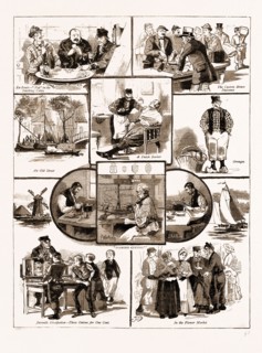 THE AMSTERDAM EXHIBITION, THE NETHERLANDS, HOLLAND, 1883; A DUTCH BARBER, AN OLD STREET; "DIAMOND
