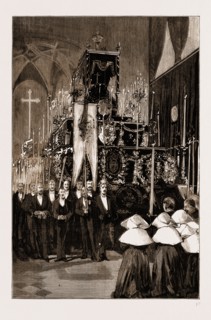 THE FUNERAL OF THE LATE COMTE DE CHAMBORD AT GORITZ, GERMANY: THE CATAFALQUE IN THE CATHEDRAL, 1883