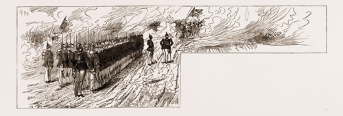 THE GERMAN AUTUMN MANOEUVRES, 1883: THE GRAND PARADE AT JANUS HUGEL, BATTALION OF INFANTRY TAKING