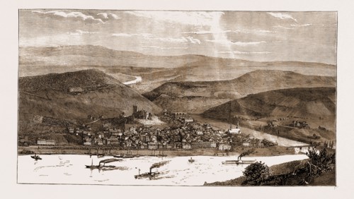THE GERMAN NATIONAL MONUMENT ON THE NIEDERWALD, 1883: VIEW OF THE RHINE AND RUDESHEIM FROM THE
