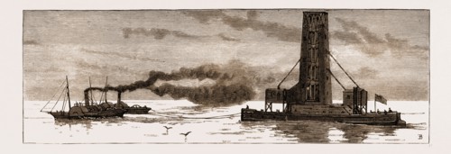 THE NEW GRAIN ELEVATOR, "INTERNATIONAL," BEING TOWED ACROSS THE NORTH SEA TO ANTWERP, 1883