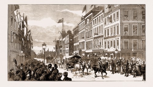 THE NEW MUNICIPAL BUIDLINGS AT GLASGOW, SCOTLAND, UK: TRADES' PROCESSION ENTERING ARGYLL STREET