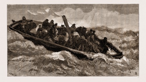 "THE PORTLAND 'BUS," OR STEAM LAUNCH ATTACHED TO H.M.S. HERCULES," IN FOUL WEATHER, UK, 1883