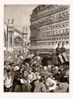 THE ROYAL CARRIAGE LEAVING THE GARE DU NORD: THE MOB HOOTING THE KING, PARIS, FRANCE, 1883