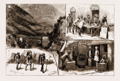 TEA CULTURE IN INDIA, 1883: 1. Bridge Over the River Ool, on the Road to Kulu. 2. Rolling the