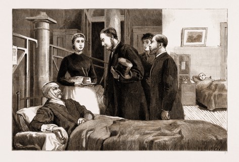 THE EXPLOSIONS ON THE UNDERGROUND RAILWAY, SIR WILLIAM HARCOURT VISITING THE WOUNDED AT ST. MARY'S