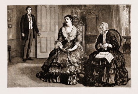 THIRLBY HALL, DRAWN BY WILLIAM SMALL, 1883; Paulina, arrayed in a brilliant blue silk dinner dress,