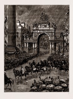 THE VISIT OF THE QUEEN TO LIVERPOOL, UK, 1886: LOOKING UP LONDON ROAD FROM ST. GEORGE'S HALL: THE