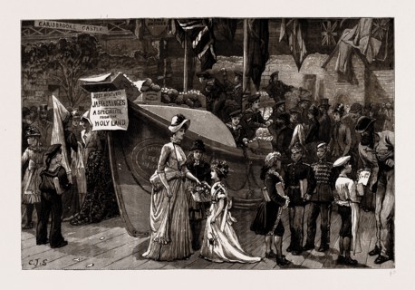THE "RED, WHITE AND BLUE" BAZAAR AT THE AGRICULTURAL HALL, OPENED BY THE DUKE OF CONNAUGHT, IN AID