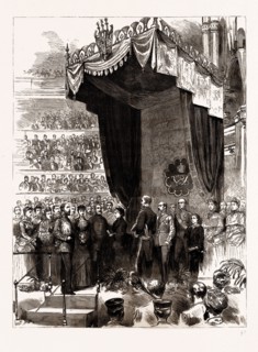 THE OPENING OF THE COLONIAL AND INDIAN EXHIBITION BY THE QUEEN: HER MAJESTY READING THE REPLY TO