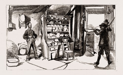 BOYCOTTING IN IRELAND: MOONLIGHTERS DEMANDING ARMS IN POPE'S CABIN, COUNTY KERRY, 1886
