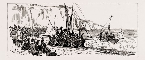 THE VOLUNTEER MANOEUVRES AT DOVER, UK, 1886: LAUNCHING FOR A SAIL