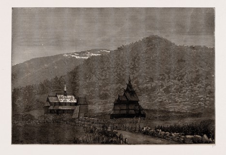 BORGUND VALLEY, WITH THE OLD CHURCH AND BELFRY, NORWAY, 1886