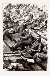 THE HOME RULE DEBATE IN THE HOUSE OF COMMONS, LONDON, UK, 1886: A BIRD'S-EYE VIEW OF THE HOUSE FROM