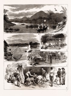 SPORT IN SIAM, 1886: 1. Peacock Shooting, Marklong River. 2. At Ratchburee. 3. Our Kitchen, Camp on