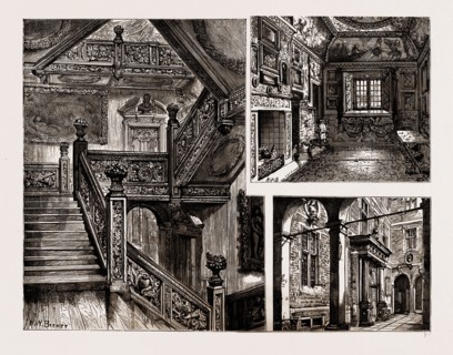 HAM HOUSE, NEAR RICHMOND, UK, 1886: GRAND STAIRCASE, THE BOUDOIR, PRINCIPAL ENTRANCE