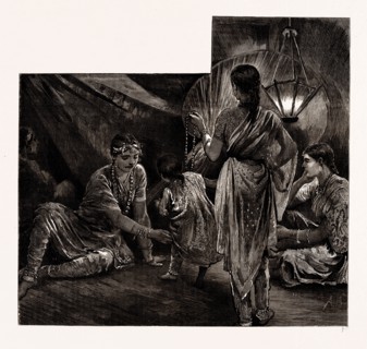 INDIA IN LONDON, 1886: TEACHING A CHILD ITS STEPS; SKETCHES AT THE INDIAN VILLAGE AT PORTLAND HALL,