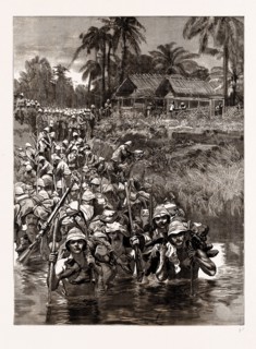 WITH THE TONGHOO FIELD FORCE, BURMA: SOMERSETSHIRE LIGHT INFANTRY CROSSING THE TWSA RIVER, 1886