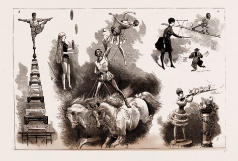 THE CIRCUS AT COVENT GARDEN THEATRE, LONDON, UK, 1886: 1. One of the Arab Acrobats 2. Performance