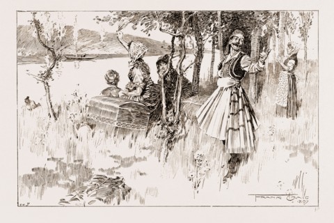 AFTER THE BATTLE OF DOMOKO, 1897: THESSALIAN PEASANTS WAITING FOR A PASSING CAIQUF, AT CHALCIS