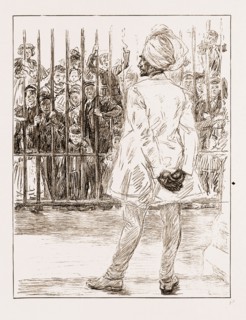 THE CYNOSURE OF ALL EYES: A SCENE AT CHELSEA BARRACKS, UK, 1897: A SIKH OF THE MALAY STATES GUIDES