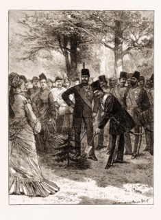 THE PRINCE OF WALES'S GARDEN PARTY AT CHISWICK, THE SHAH PLANTING A TREE IN COMMEMORATION OF HIS