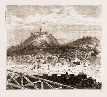 GENERAL VIEW OF ELMINA RECENTLY BOMBARDED BY THE BRITISH TROOPS, THE ASHANTEE WAR 1873.