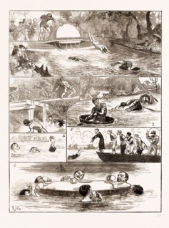 The London swimming club contest at the Crystal Palace, London UK 1873, 4. BEST MEANS OF SAVING-