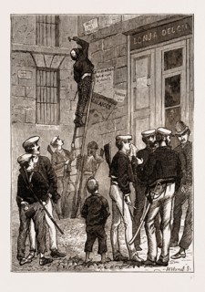 REMOVING THE NAME OF A STREET, STREET SCENE IN MADRID SPAIN 1873