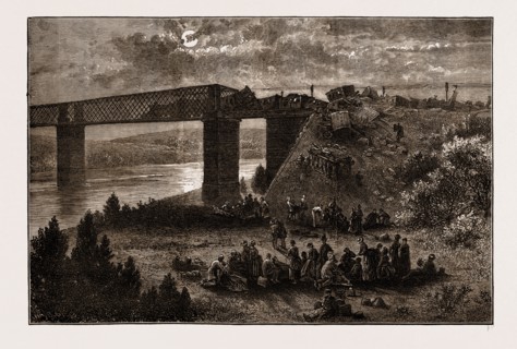 FRIDGE OF VIANA, OVER THE DOURO-SCENE OF THE LATE RAILWAY ACCIDENT, SPAIN, ENGRAVING 1873