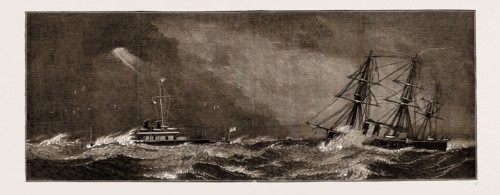 H.M.S DEVASTATION OFF BEREHAVEN, ENGRAVING 1873