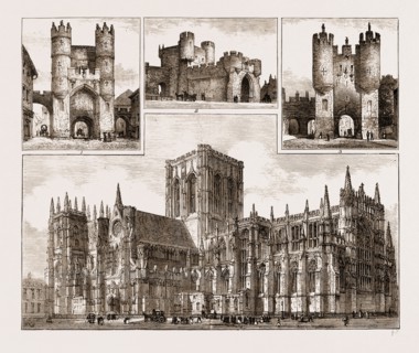 York UK 1873, I. Monk Bar. 2. Walm Gate. 3. Micklegate Bar. 4. York Minster. 5. Clifford's Tower 6.