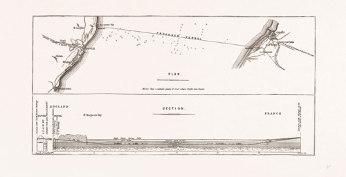 FROM DOVER TO CALAIS: PLAN OF THE NEW CHANNEL TUNNEL SCHEME, 1875