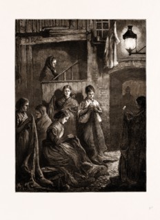 LONDON LIFE AT THE EAST END: SACK-MAKING BY THE LIGHT OF A STREET LAMP, UK, 1875